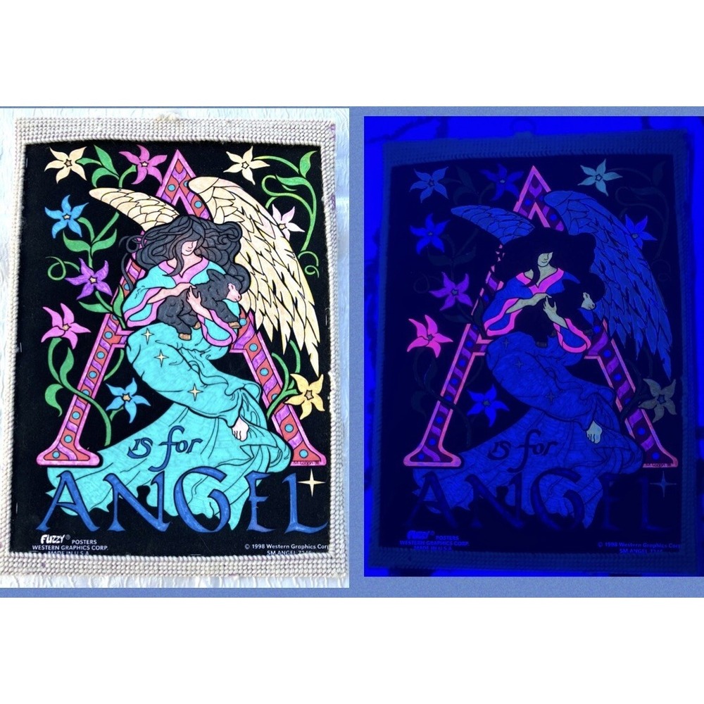 Vintage 1998 Fuzzy Blacklight Poster A is for Angel M Logan Western Graphics